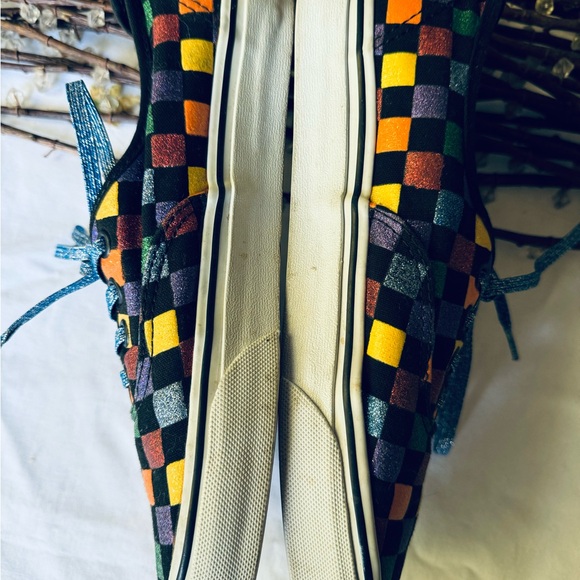 Metallic Checkered Multicolored Vans, women’s size 7.5, with Blue Sparkled Laces - Picture 12 of 13